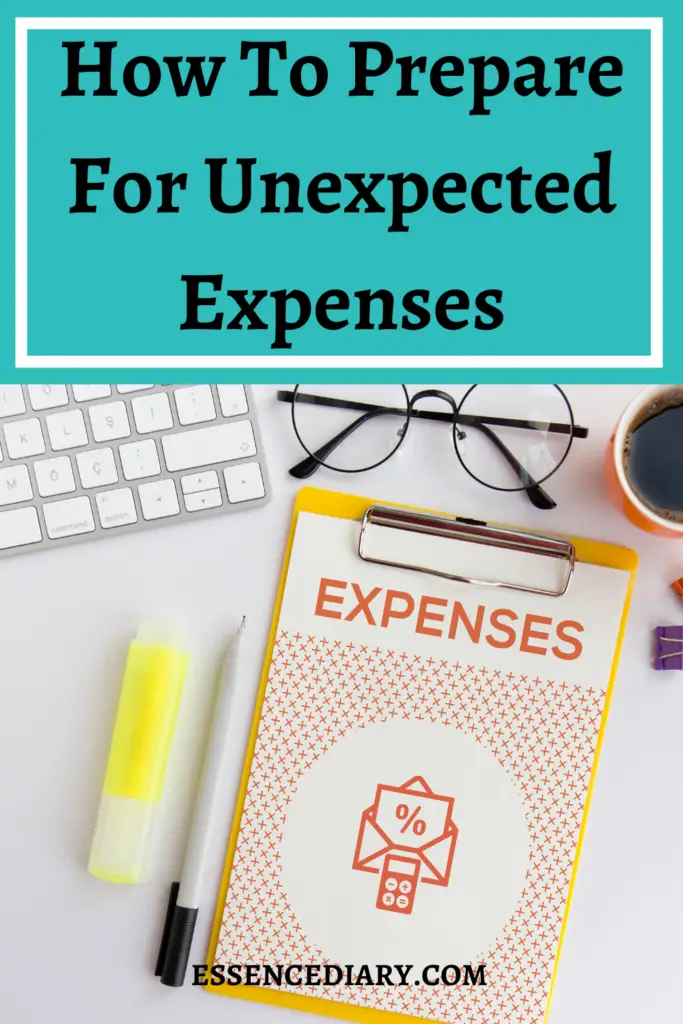 image of a book with pen for pinning on pinterest with word orverlay of how to prepare for unexpected expenses 